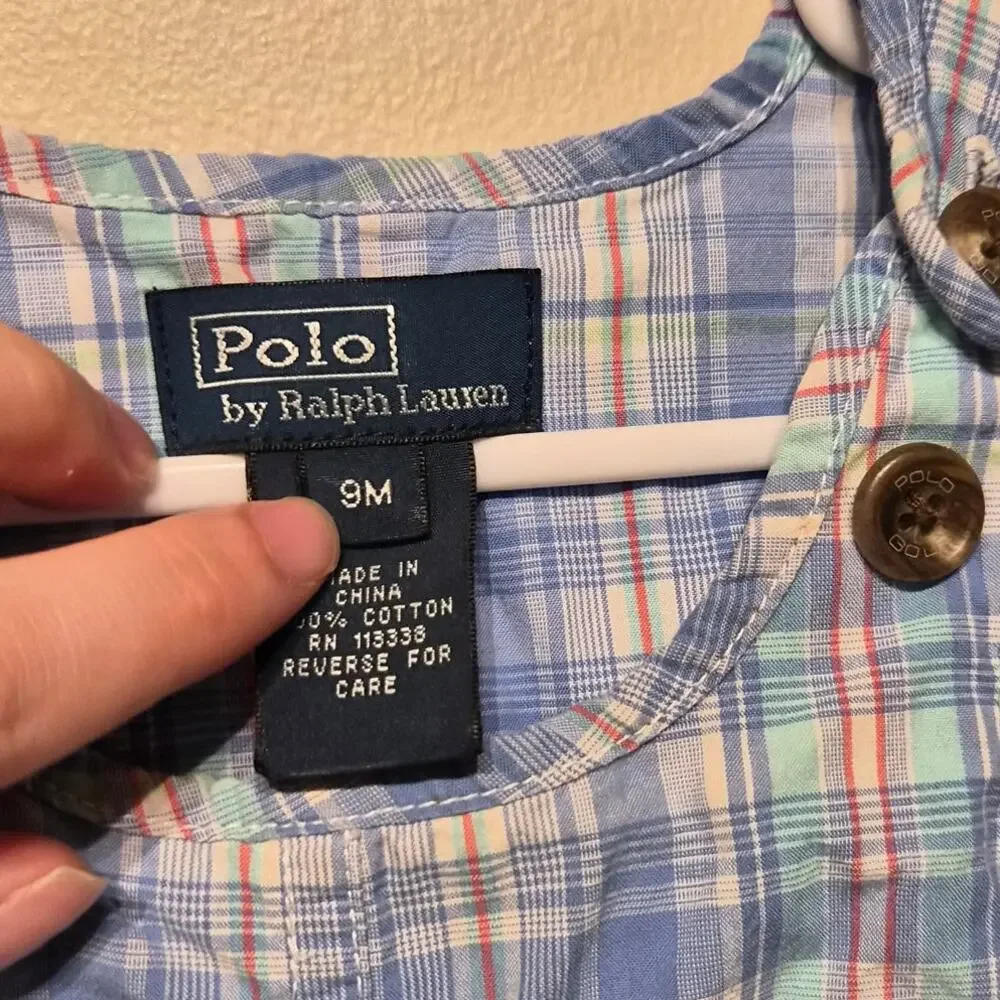 Polo by Ralph Lauren Shortall 9 Month Blue Plaid 100% Cotton Romper Baby